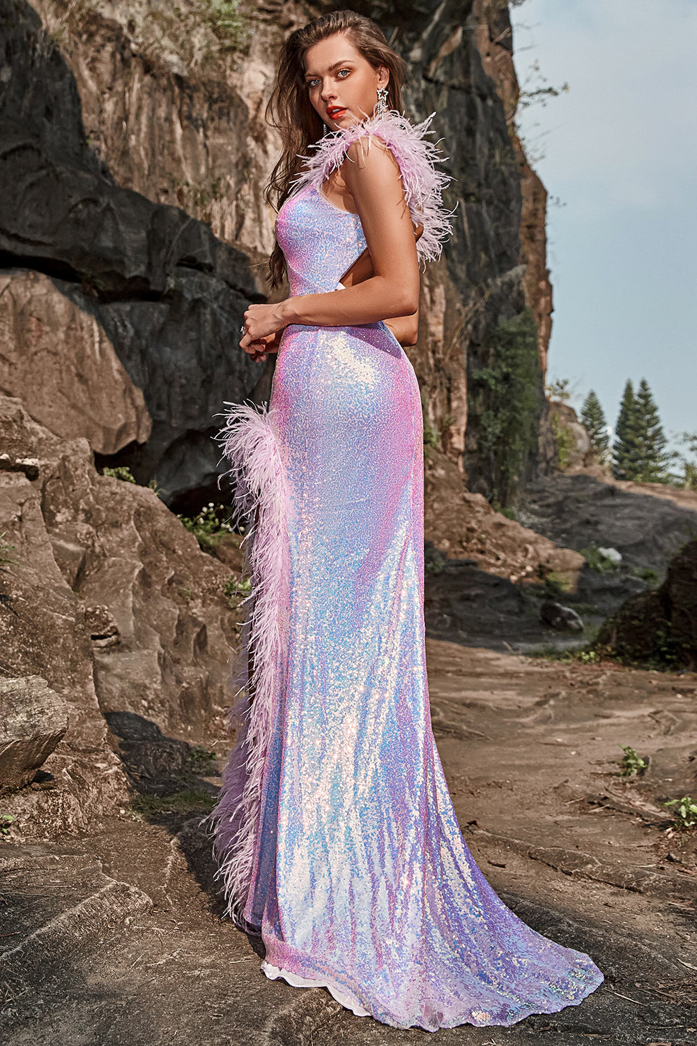 Mermaid Sweetheart Purple Sequins Long Ball Dress with Feather