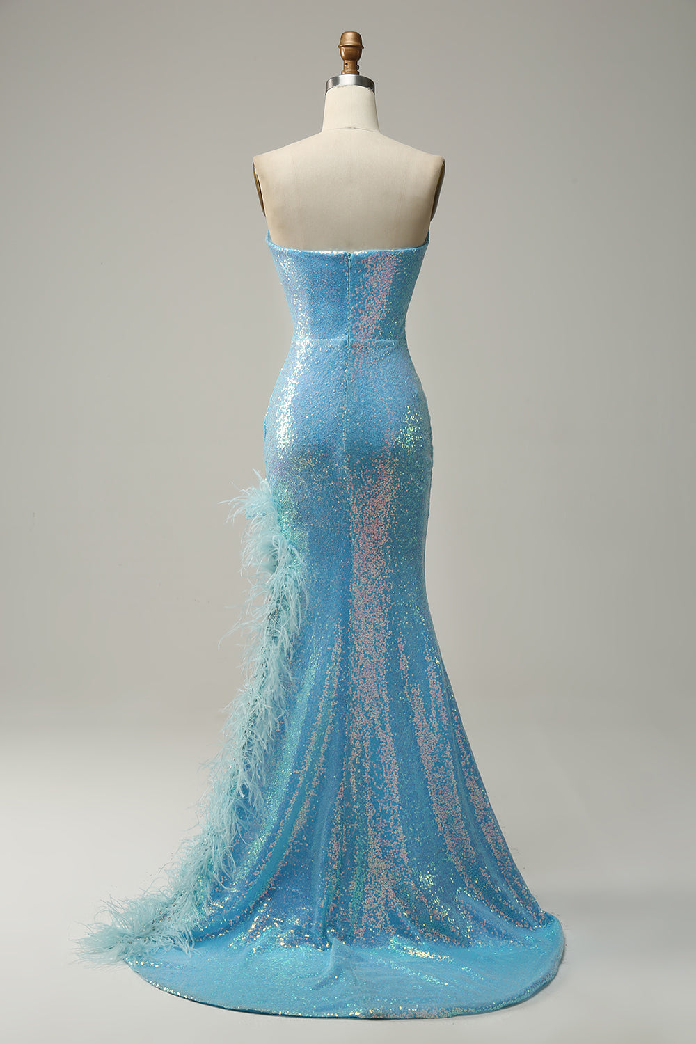 Mermaid Sweetheart Light Blue Sequins Long Ball Dress with Feather