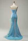 Mermaid Sweetheart Light Blue Sequins Long Ball Dress with Feather