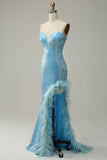 Mermaid Sweetheart Light Blue Sequins Long Ball Dress with Feather