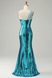 Sparkly Blue Sequins One Shoulder Long Ball Dress with Slit