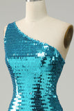 Sparkly Blue Sequins One Shoulder Long Ball Dress with Slit