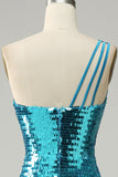 Sparkly Blue Sequins One Shoulder Long Ball Dress with Slit