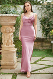 Blush Sheath Spaghetti Straps Long Bridesmaid Dress with Bowknot