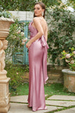 Blush Sheath Spaghetti Straps Long Bridesmaid Dress with Bowknot