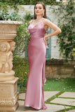 Blush Sheath Spaghetti Straps Long Bridesmaid Dress with Bowknot