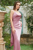 Blush Sheath Spaghetti Straps Long Bridesmaid Dress with Bowknot