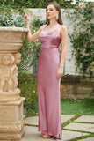 Blush Sheath Spaghetti Straps Long Bridesmaid Dress with Bowknot