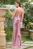 Blush Sheath Spaghetti Straps Long Bridesmaid Dress with Bowknot