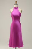 Fuchsia Sheath Halter Midi Sleeveless Satin Bridesmaid Dress