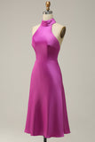 Fuchsia Sheath Halter Midi Sleeveless Satin Bridesmaid Dress