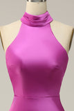 Fuchsia Sheath Halter Midi Sleeveless Satin Bridesmaid Dress
