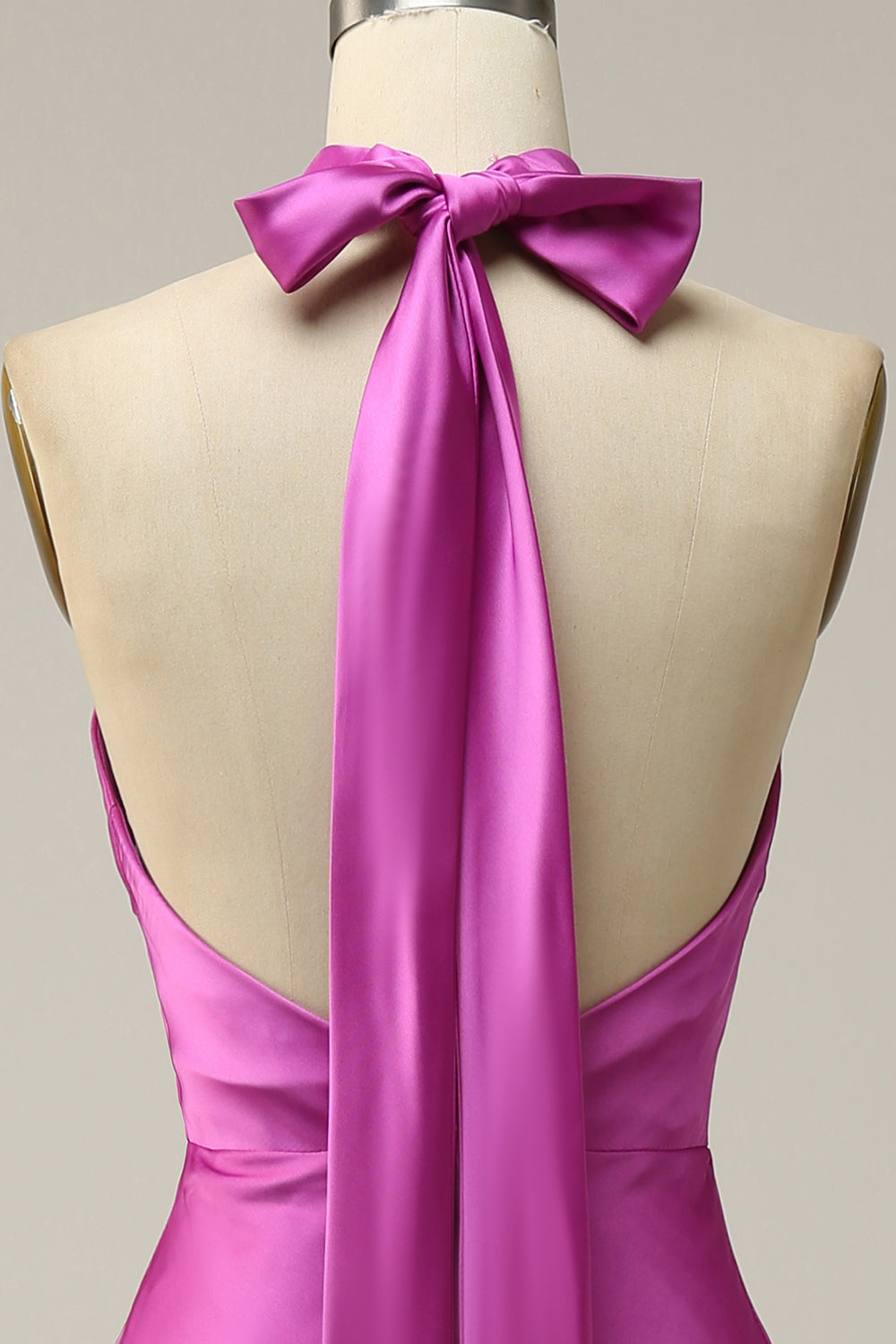 Fuchsia Sheath Halter Midi Sleeveless Satin Bridesmaid Dress