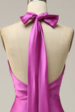 Fuchsia Sheath Halter Midi Sleeveless Satin Bridesmaid Dress
