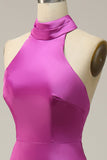 Fuchsia Sheath Halter Midi Sleeveless Satin Bridesmaid Dress