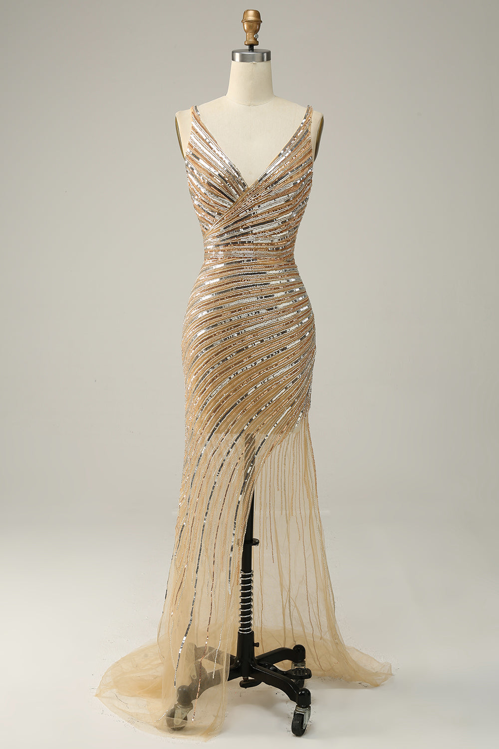 Sheath V Neck Golden Sequins Long Ball Dress with Open Back