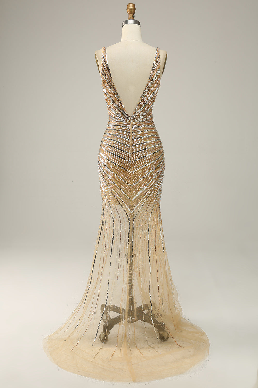 Sheath V Neck Golden Sequins Long Ball Dress with Open Back