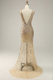 Sheath V Neck Golden Sequins Long Ball Dress with Open Back
