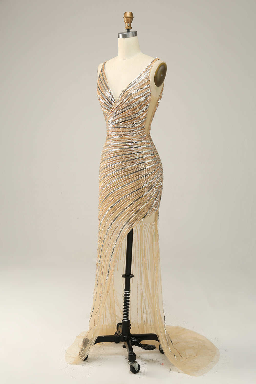 Sheath V Neck Golden Sequins Long Ball Dress with Open Back