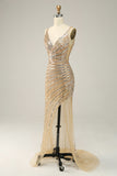 Sheath V Neck Golden Sequins Long Ball Dress with Open Back