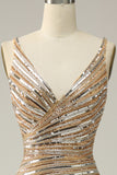 Sheath V Neck Golden Sequins Long Ball Dress with Open Back
