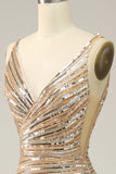 Sheath V Neck Golden Sequins Long Ball Dress with Open Back