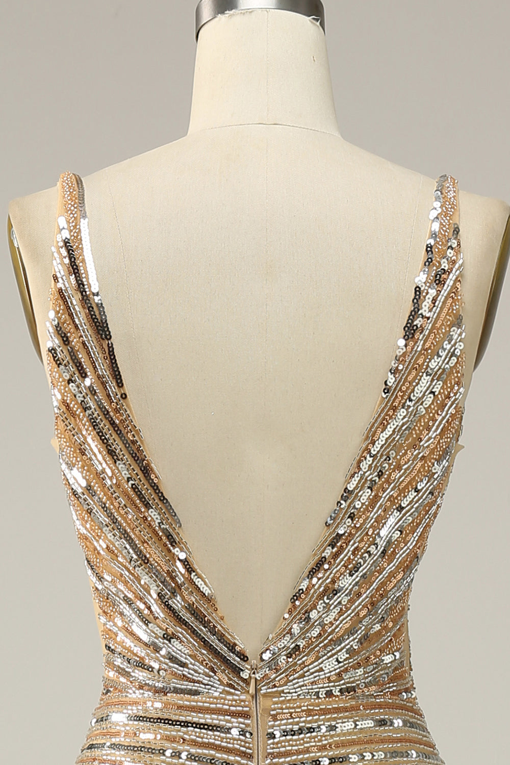 Sheath V Neck Golden Sequins Long Ball Dress with Open Back