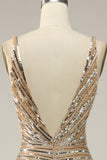 Sheath V Neck Golden Sequins Long Ball Dress with Open Back