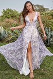 Ivory Purple Printed V-Neck Ball Dress With Slit