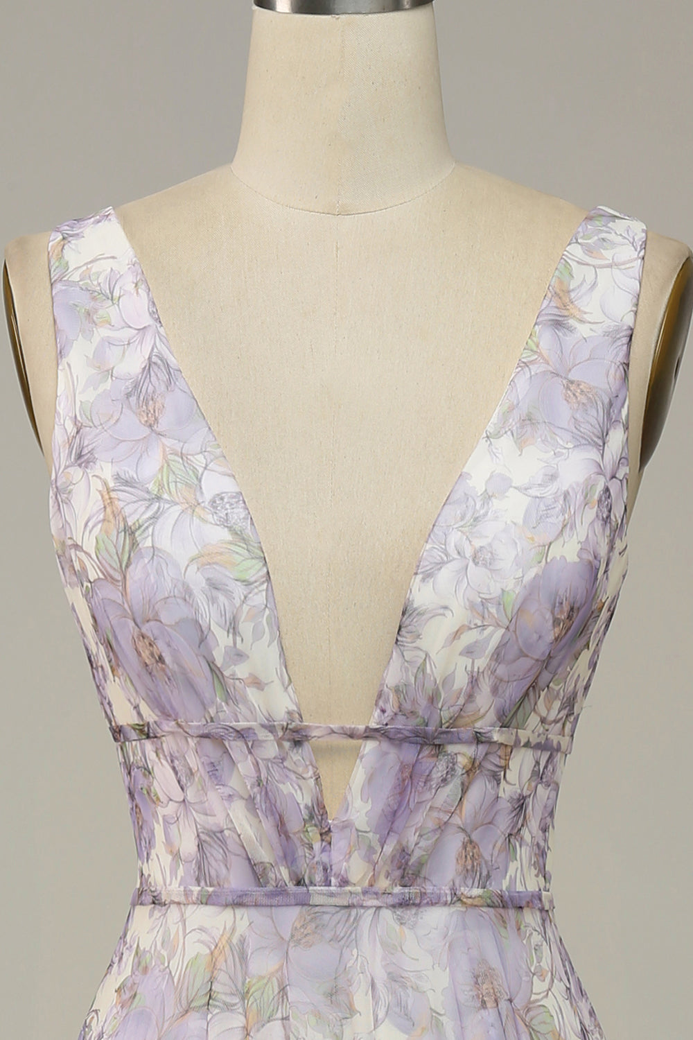 Ivory Purple Printed V-Neck Ball Dress With Slit