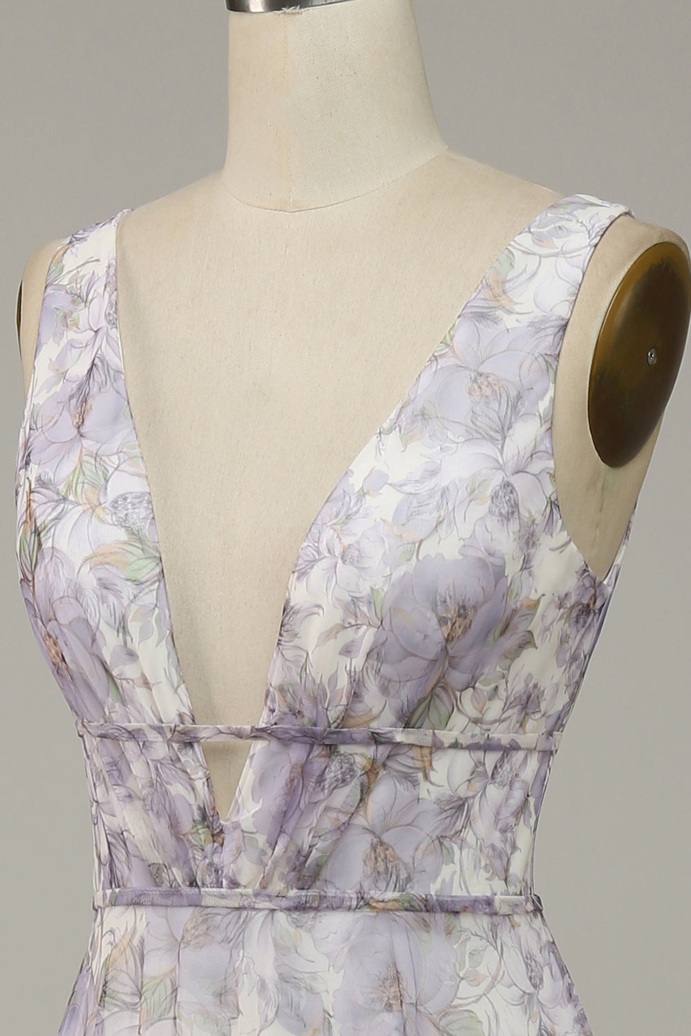 Ivory Purple Printed V-Neck Ball Dress With Slit