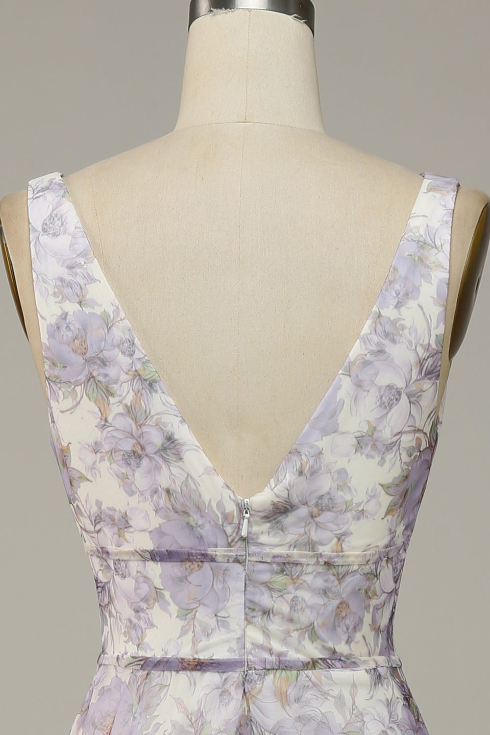Ivory Purple Printed V-Neck Ball Dress With Slit