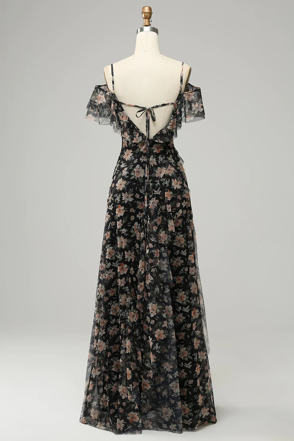 Black Chiffon Off Shoulder Long Ball Dress with Floral