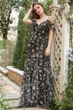 Black Chiffon Off Shoulder Long Ball Dress with Floral