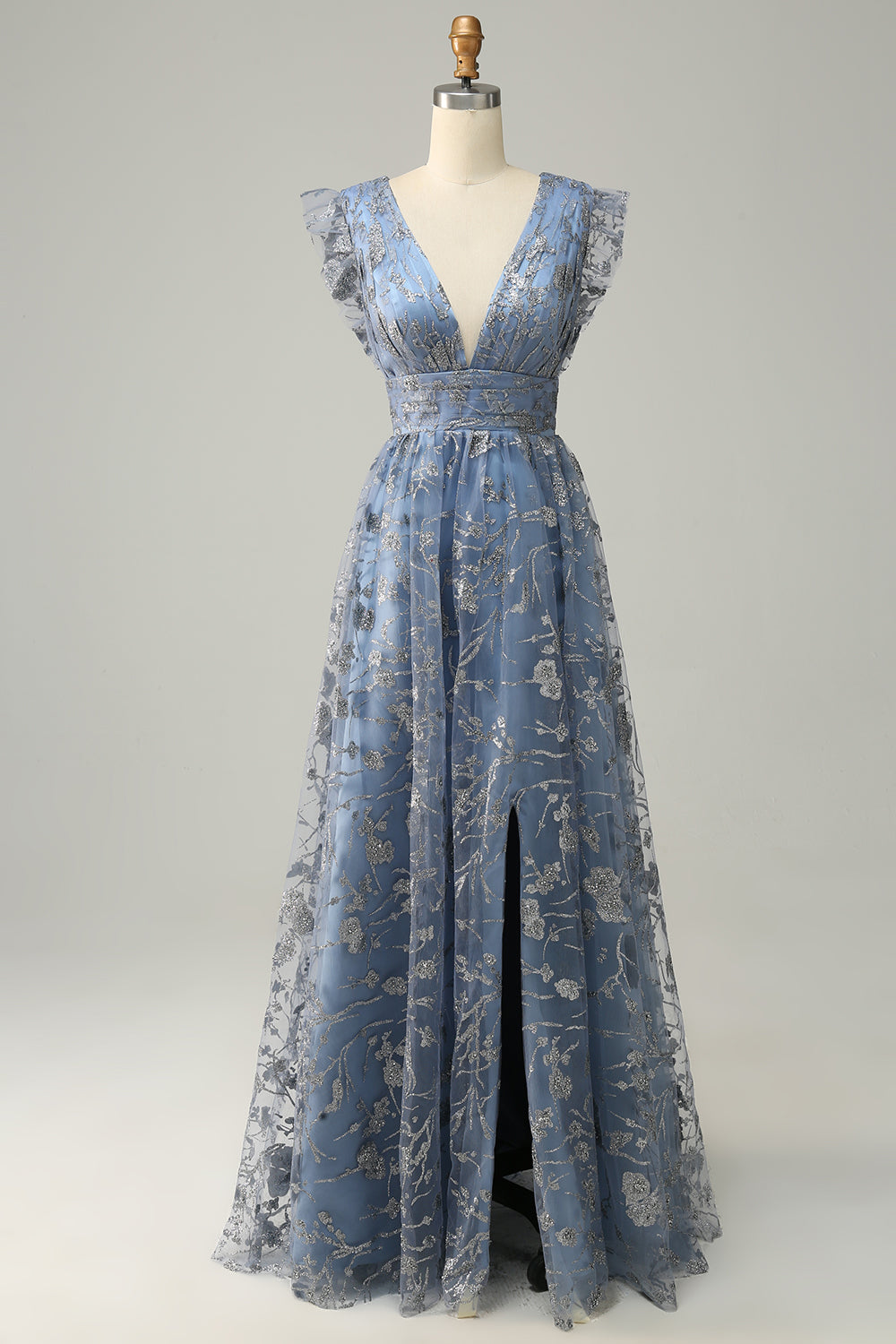 A Line Deep V Neck Grey Blue Plus Size Ball Dress with Embroidery