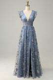 A Line Deep V Neck Grey Blue Plus Size Ball Dress with Embroidery
