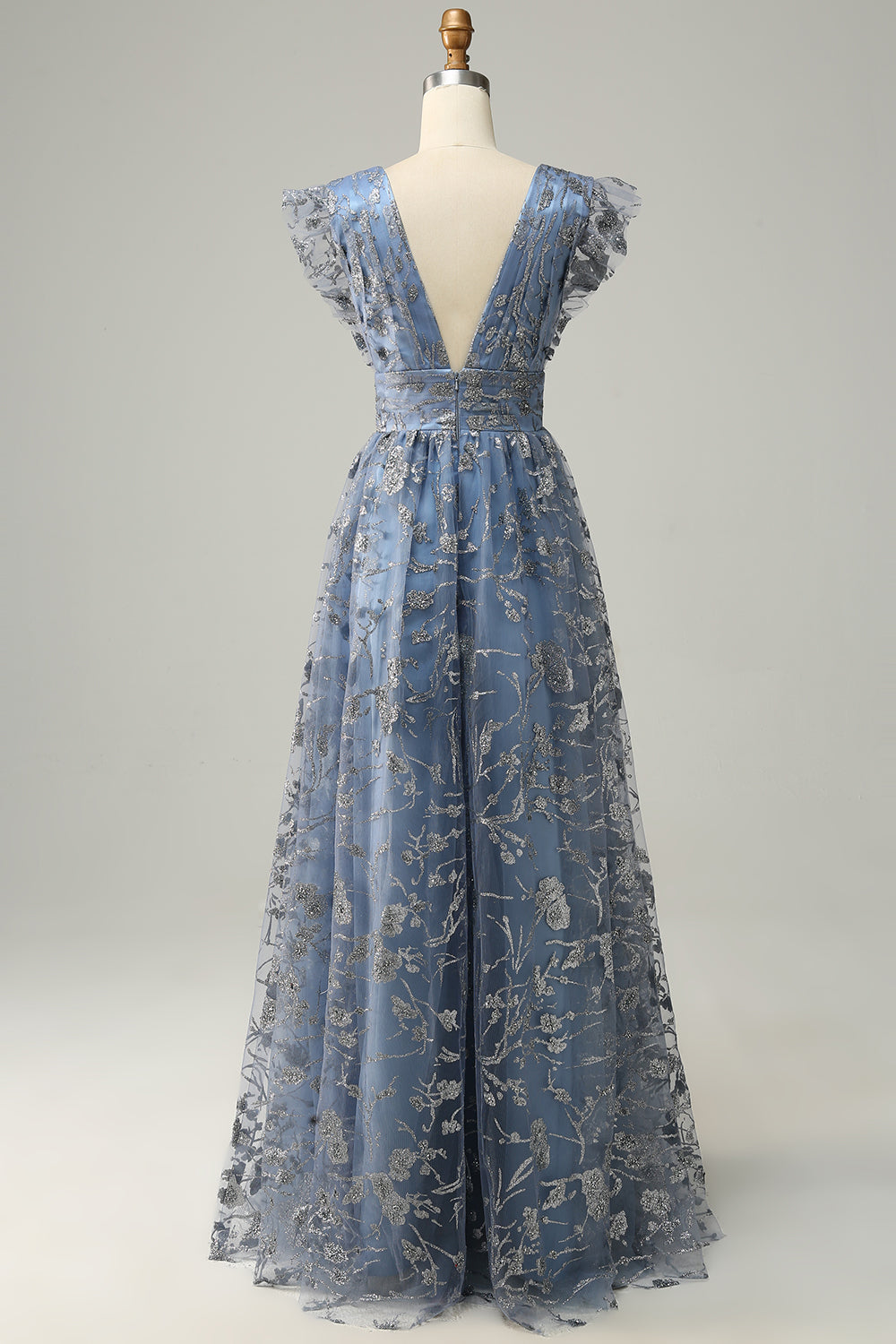 A Line Deep V Neck Grey Blue Plus Size Ball Dress with Embroidery