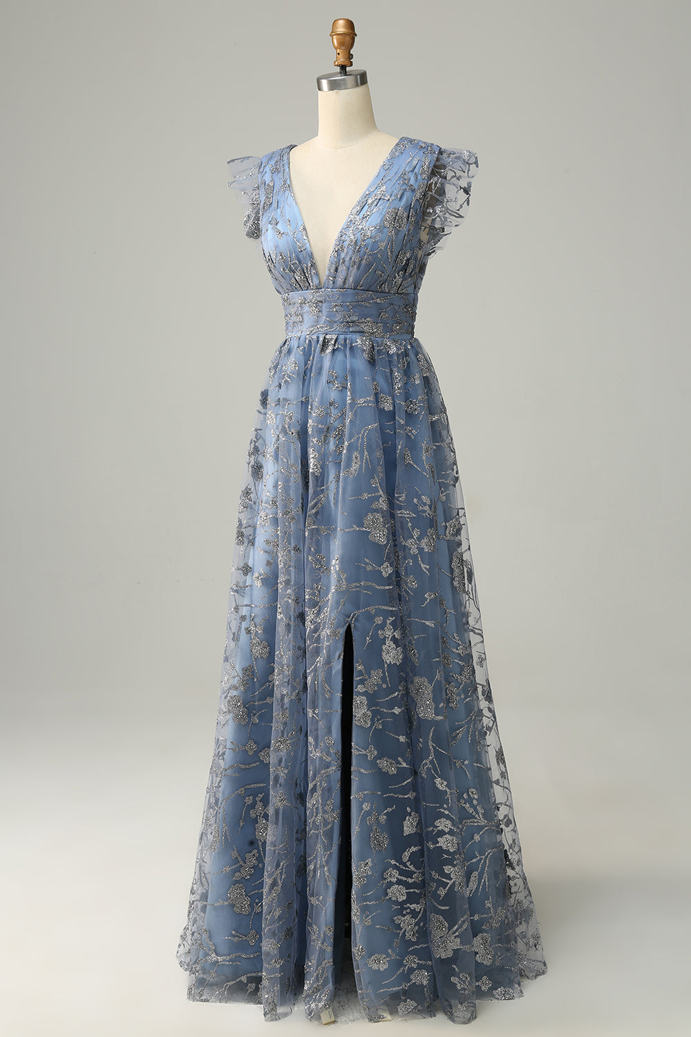 A Line Deep V Neck Grey Blue Plus Size Ball Dress with Embroidery