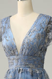 A Line Deep V Neck Grey Blue Plus Size Ball Dress with Embroidery