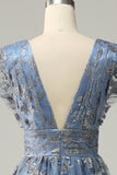 A Line Deep V Neck Grey Blue Plus Size Ball Dress with Embroidery