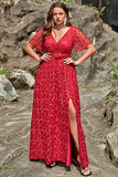 A Line V Neck Red Lace Plus Size Ball Dress with Split Front
