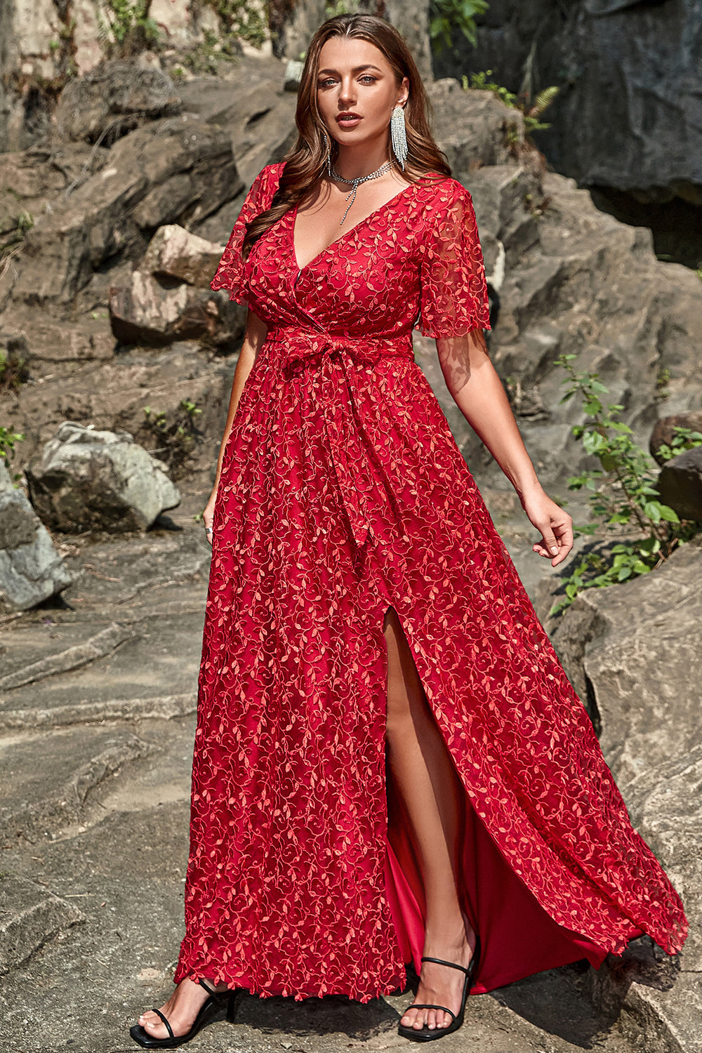 A Line V Neck Red Lace Plus Size Ball Dress with Split Front