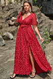 A Line V Neck Red Lace Plus Size Ball Dress with Split Front
