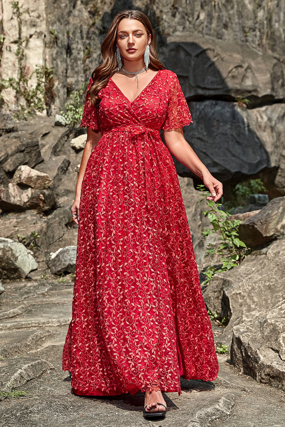 A Line V Neck Red Lace Plus Size Ball Dress with Split Front