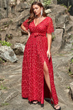 A Line V Neck Red Lace Plus Size Ball Dress with Split Front