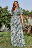 A Line V Neck Green Floral Printed Plus Size Ball Dress with Short Sleeves