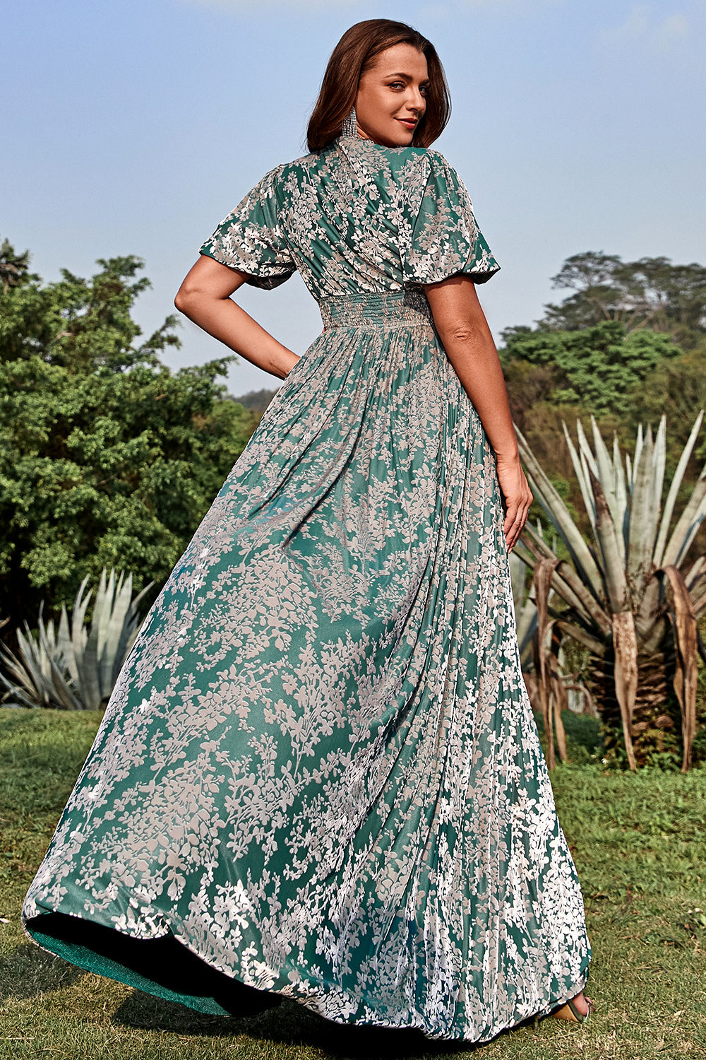 A Line V Neck Green Floral Printed Plus Size Ball Dress with Short Sleeves