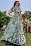 A Line V Neck Green Floral Printed Plus Size Ball Dress with Short Sleeves