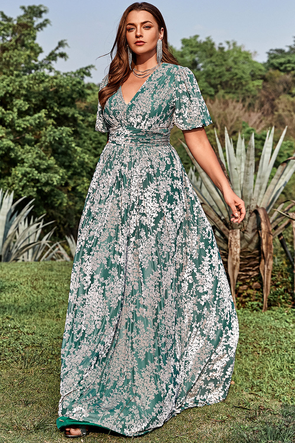 A Line V Neck Green Floral Printed Plus Size Ball Dress with Short Sleeves