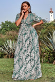A Line V Neck Green Floral Printed Plus Size Ball Dress with Short Sleeves